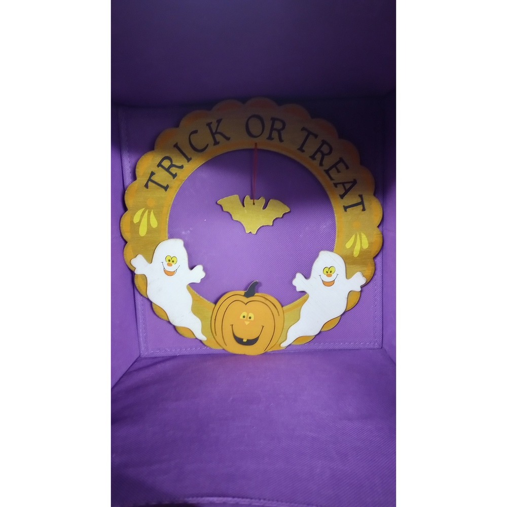Vtg 80s 90s Halloween Trick or Treat Wooden Wreath Door Hanger Ghost Pumpkin Bat